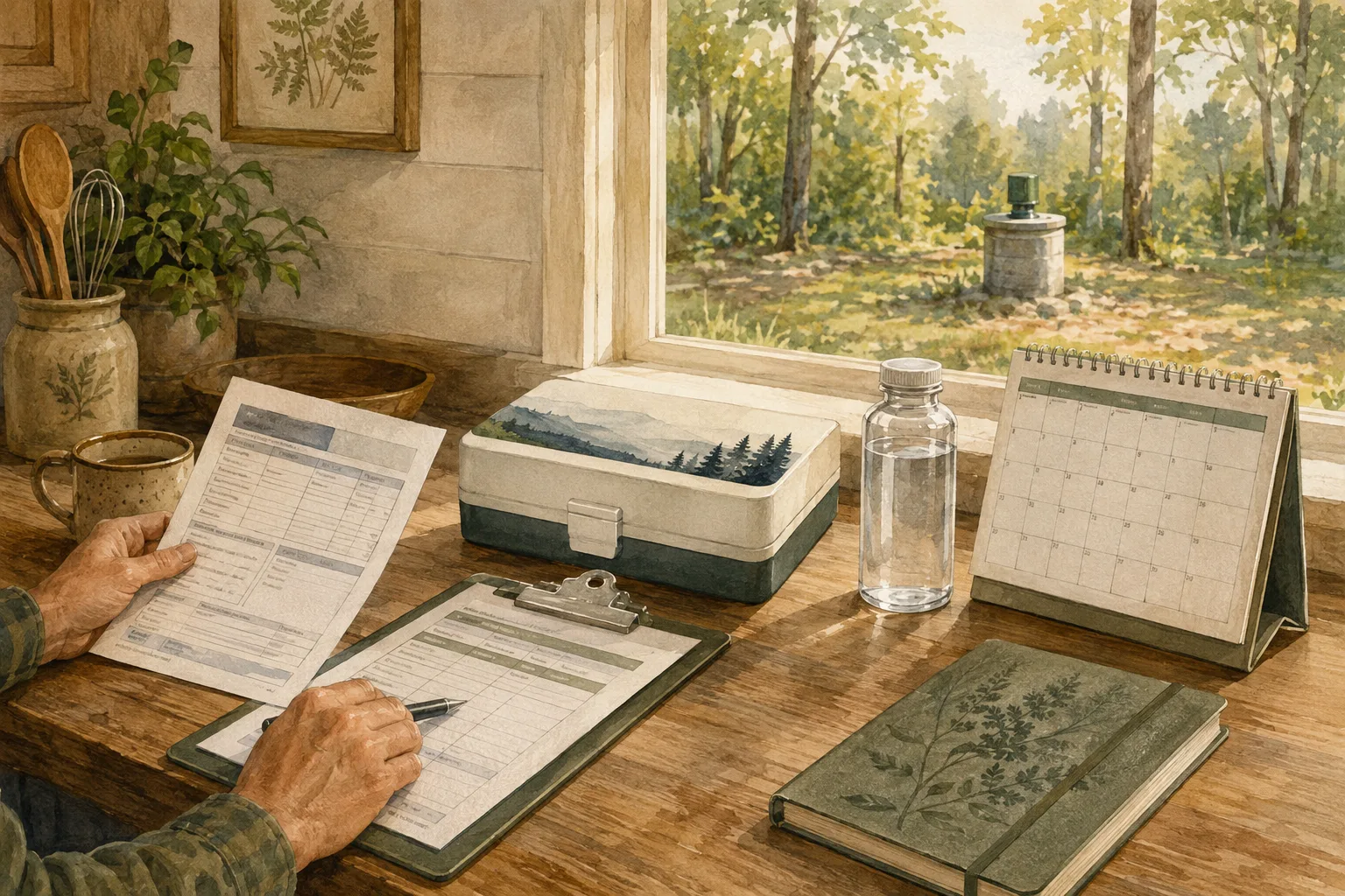 Homeowner organizing a sealed well-water sample kit, records, and calendar beside a rural window