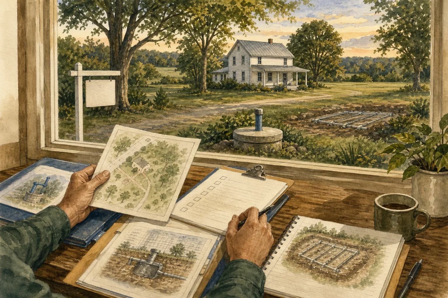 Prospective rural homeowner reviewing a property map and well and septic records beside a rural house