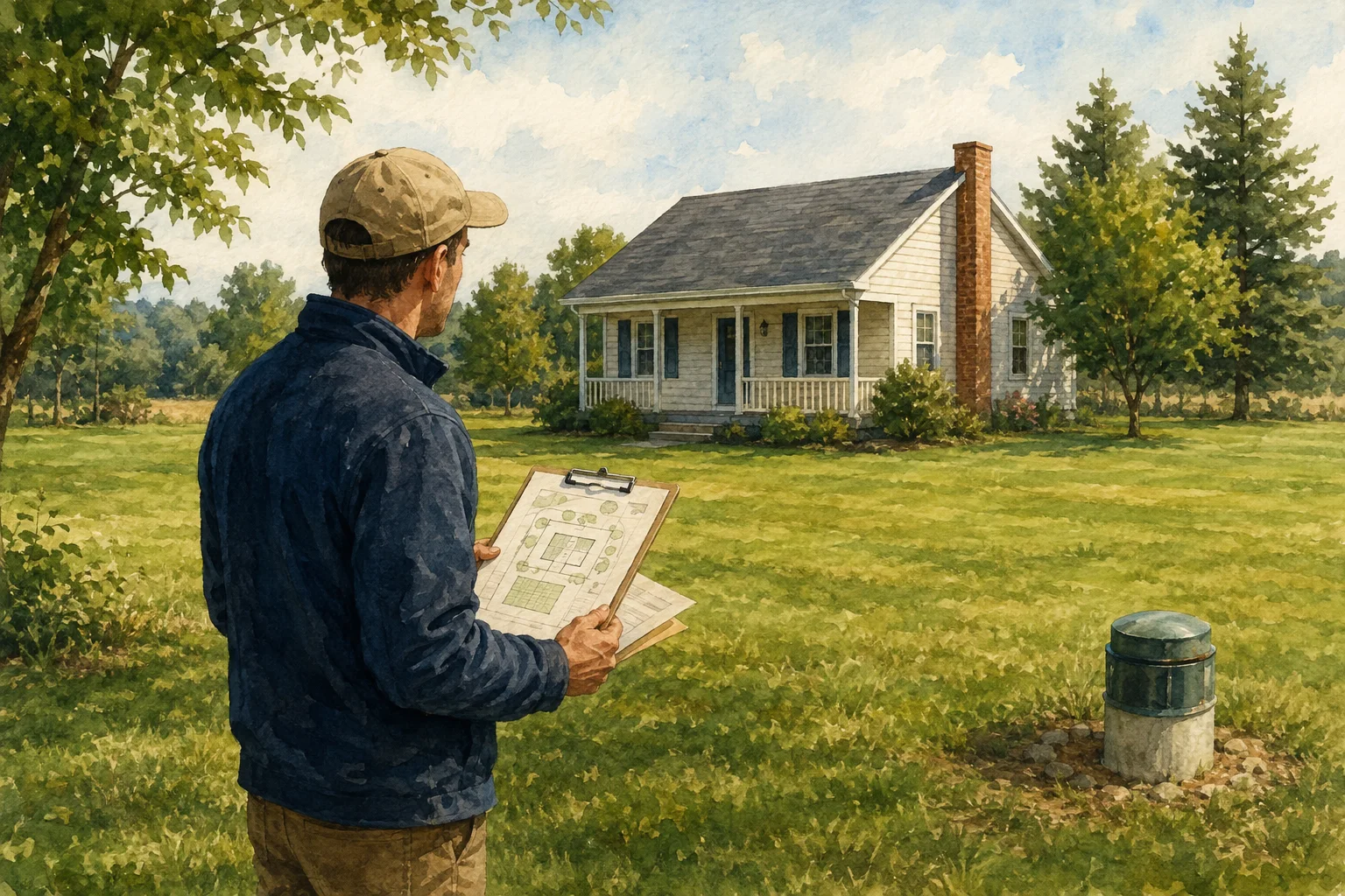 Rural homeowner reviewing property system records near a capped wellhead