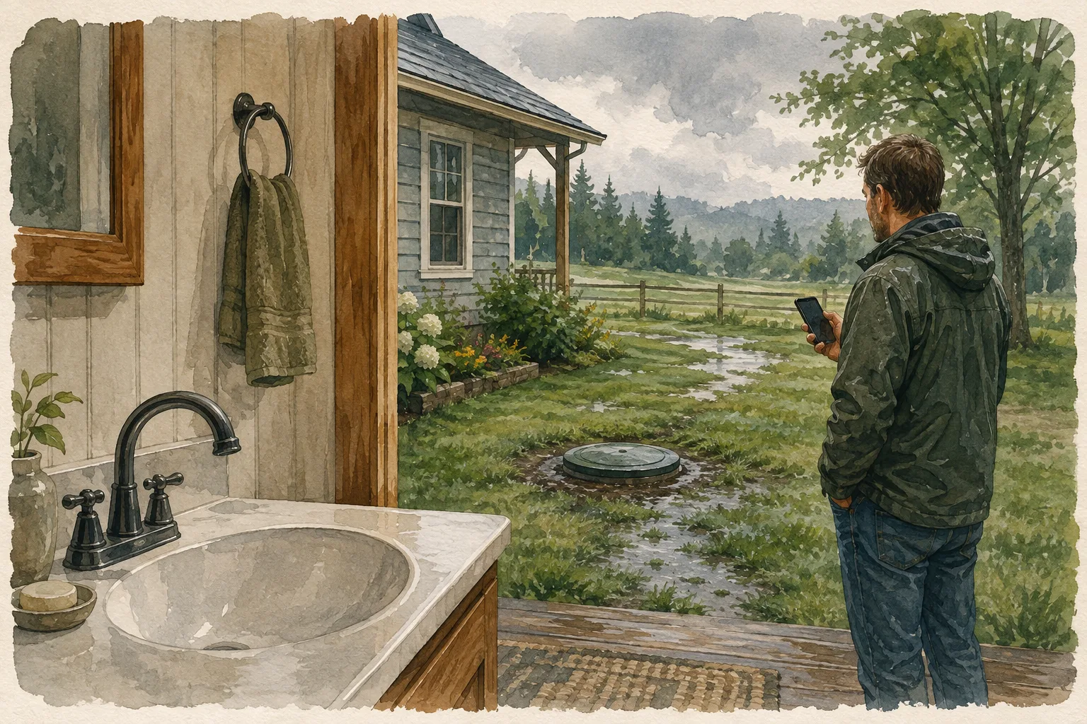 Homeowner keeping a safe distance from a closed septic access cover after rain while household water use is stopped