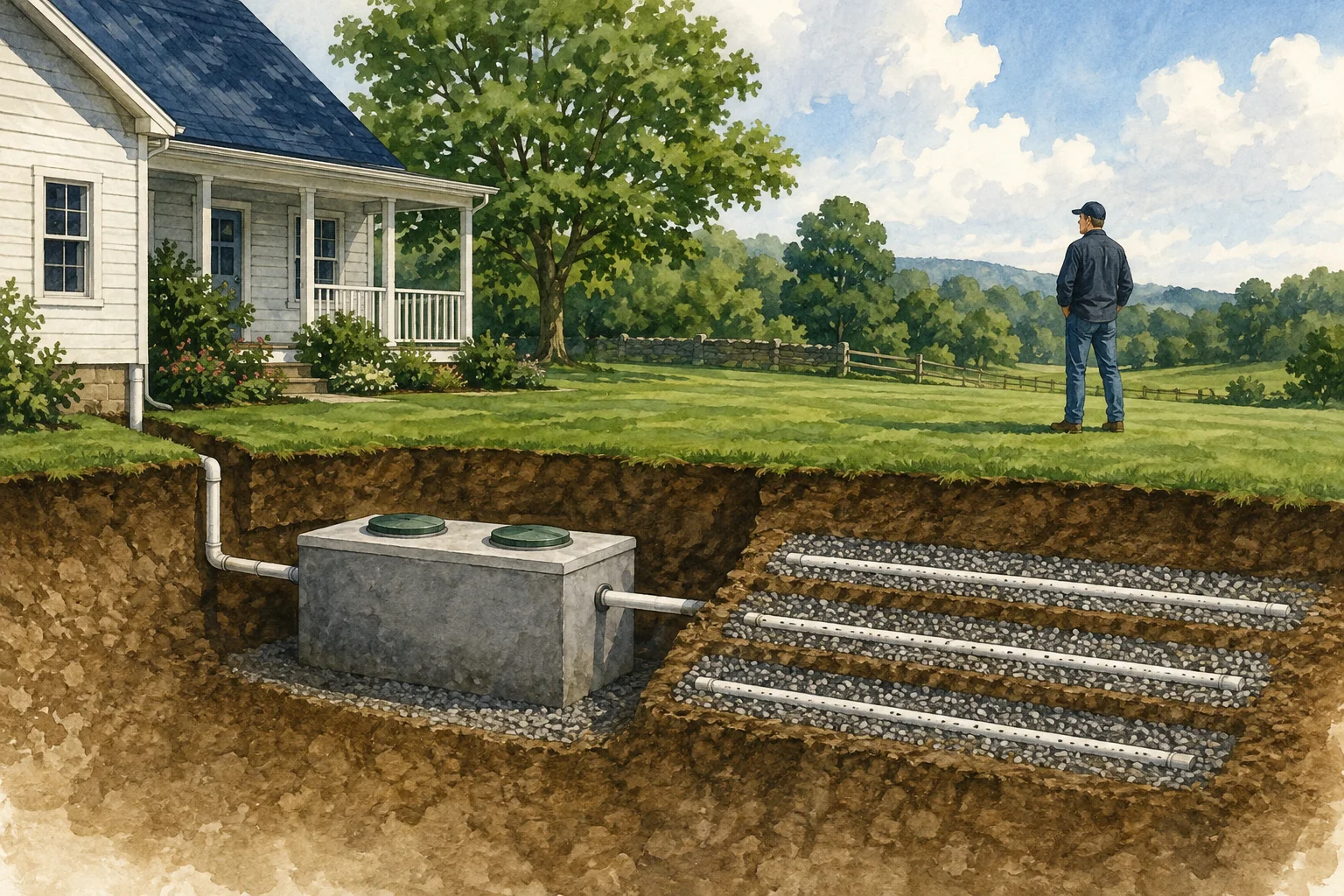Cutaway illustration showing a rural home sewer line, closed septic tank, and drainfield beneath the yard