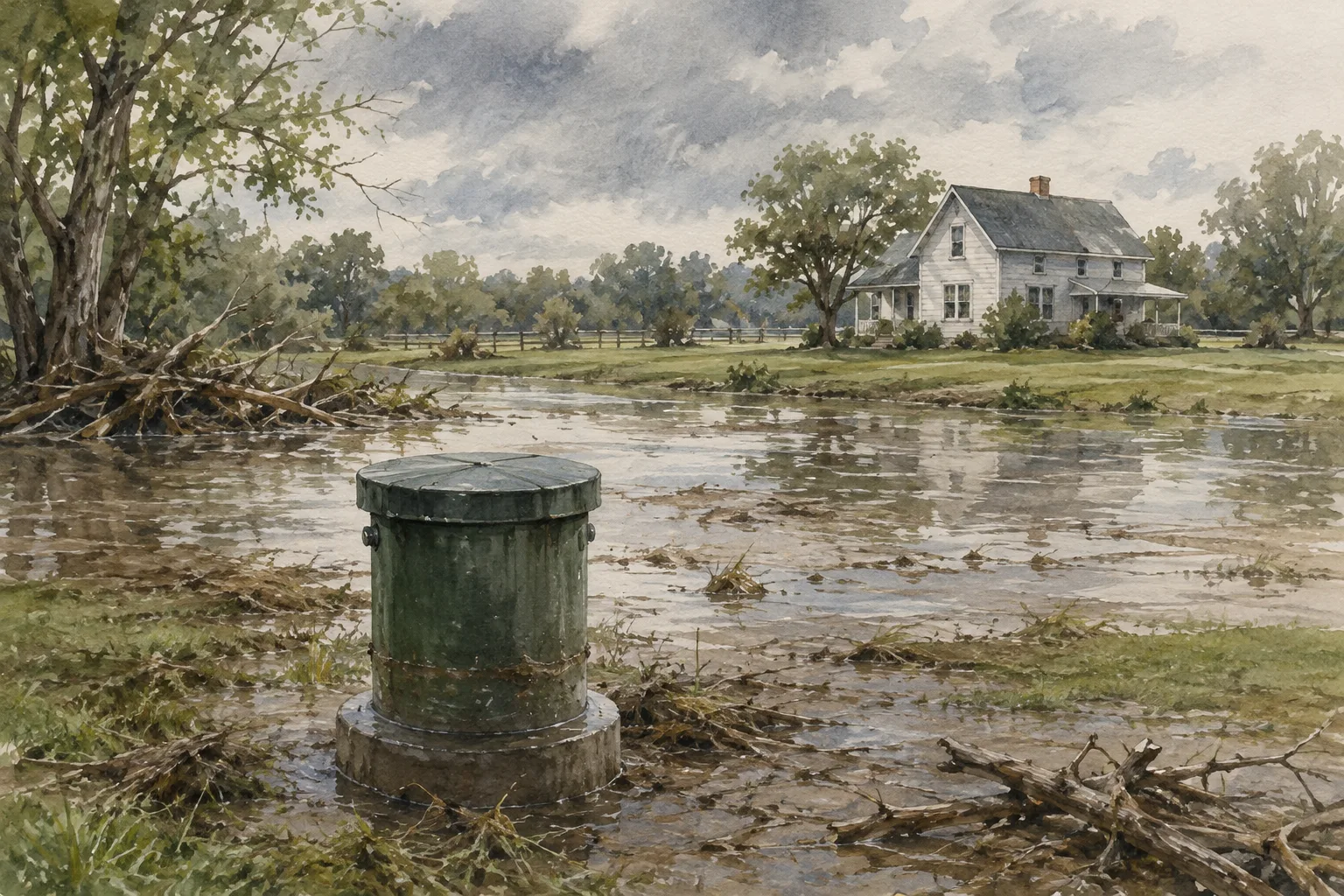 Closed private well surrounded by muddy floodwater and storm debris in a rural yard