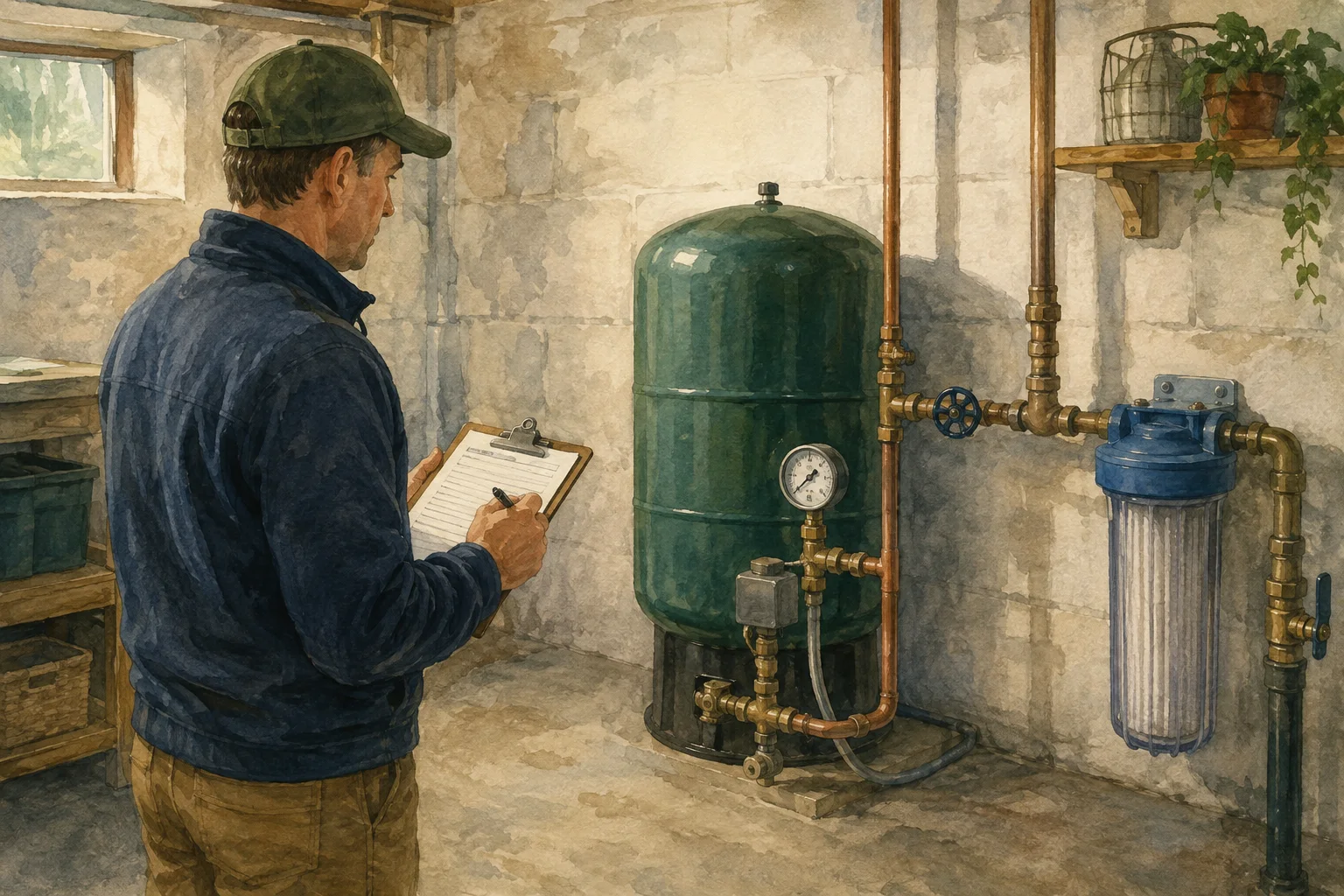 Homeowner recording a visible pressure gauge beside a closed pressure tank and whole-house filter