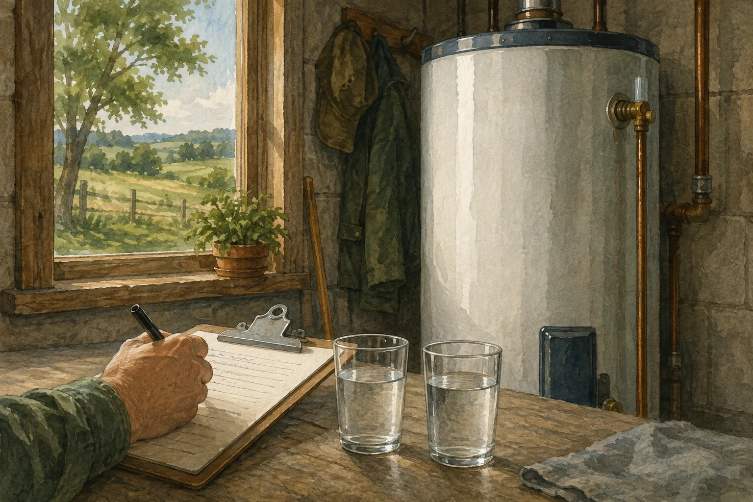 Homeowner recording water observations beside two clear glasses and a closed water heater