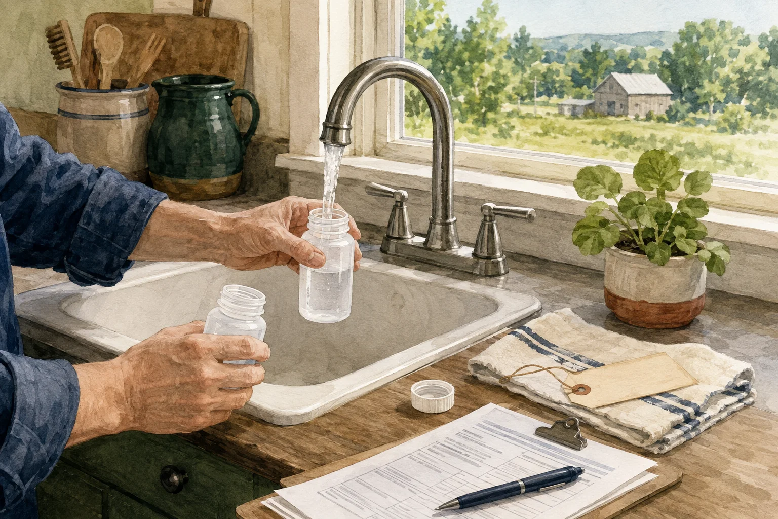 Homeowner filling laboratory sample bottles from a kitchen faucet in a rural home