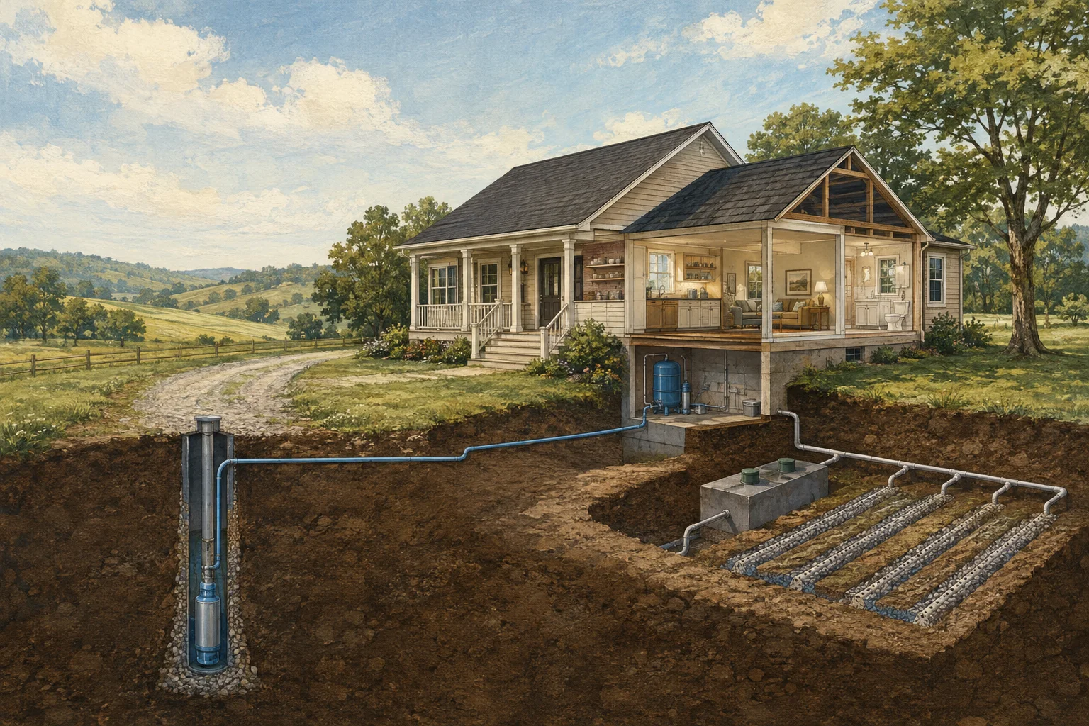 Cutaway illustration showing a rural home's private well, pressure tank, septic tank, and drainfield